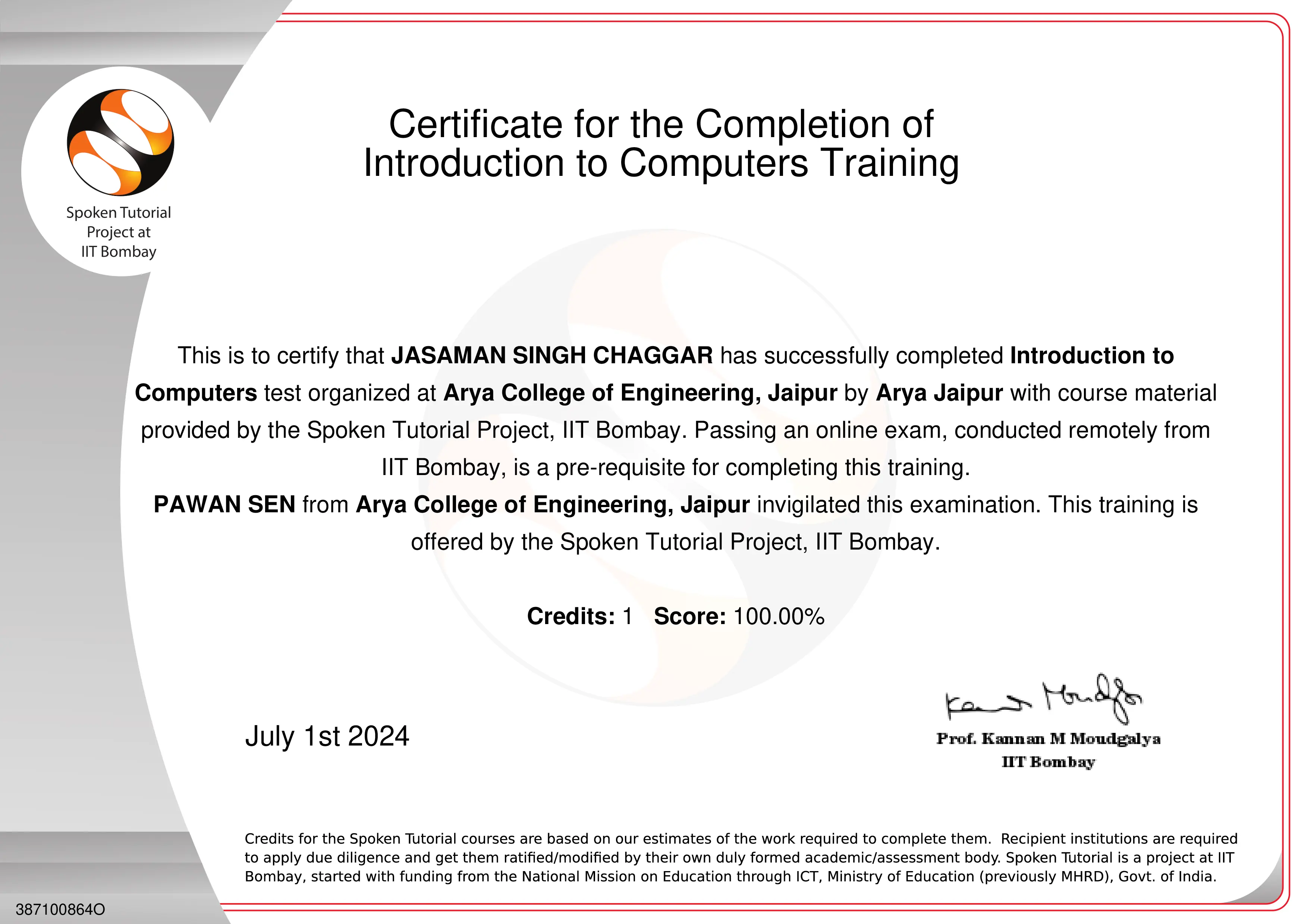 Certificate for the Completion of Introduction to Computers Training